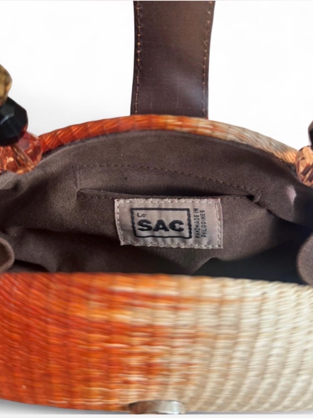 Straw Mini Bag with Amber Beaded Handle - Brown/Orange - Picture 2 of 6